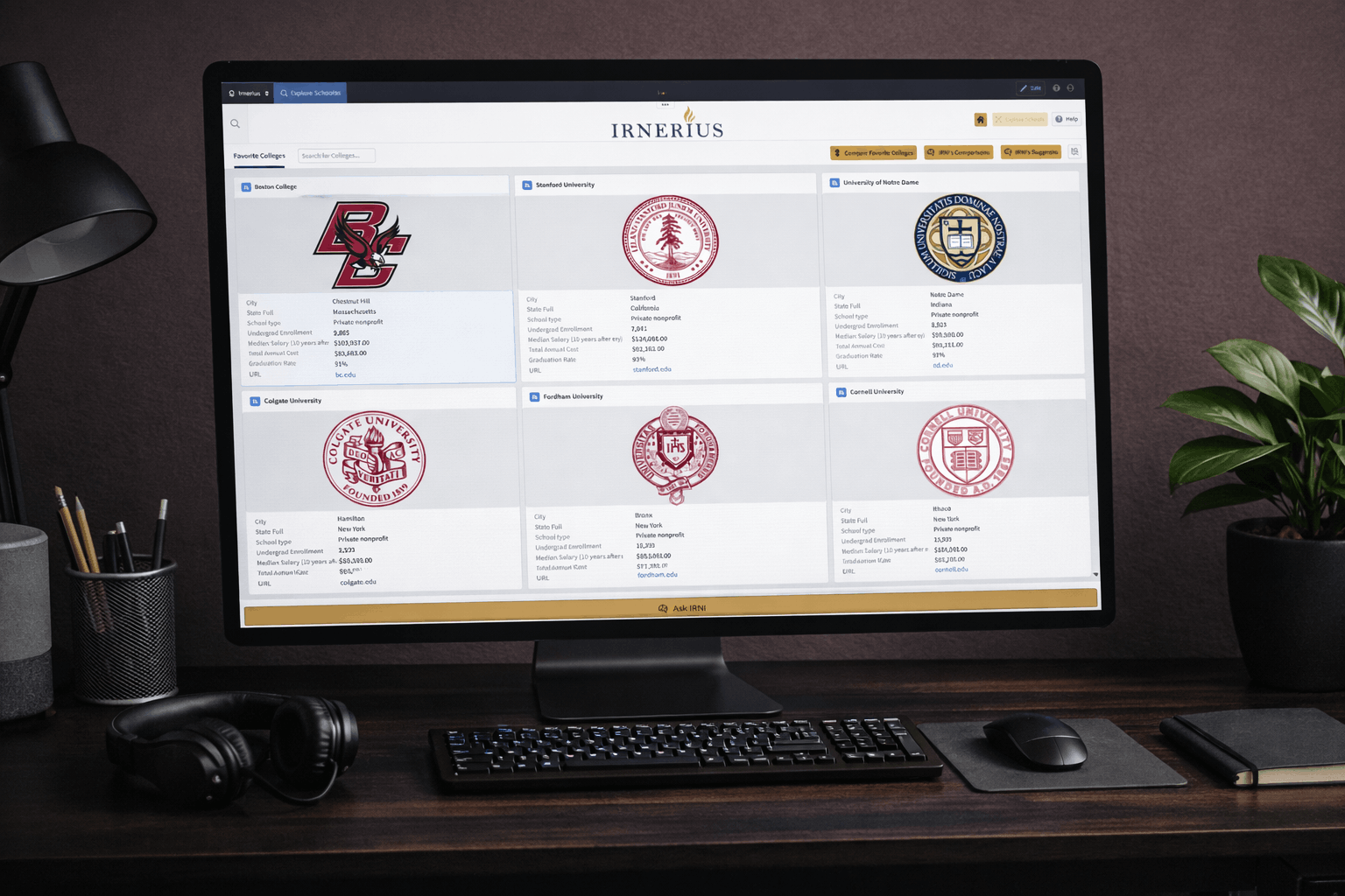 Irnerius AI-powered college planning platform dashboard for comparing colleges, financial aid, and career outcomes